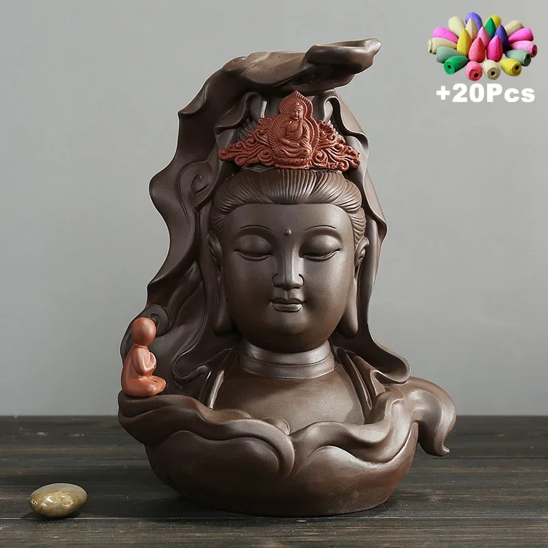 

With 20Cones Avalokitesvara Incense Censer Buddhist Backflow Home Decor Holder