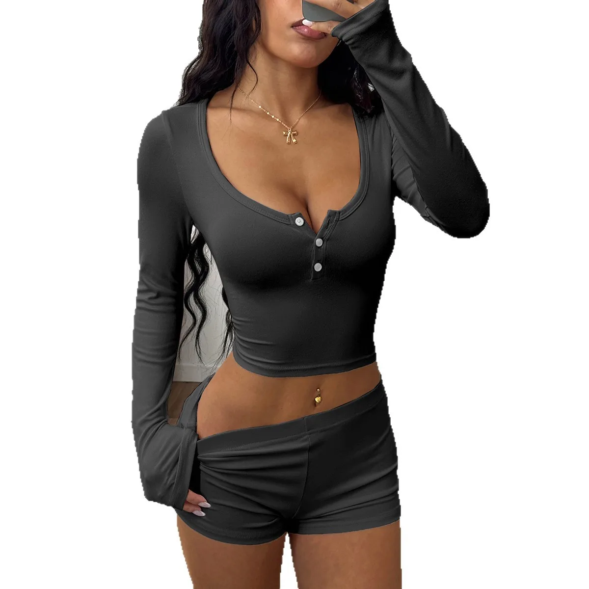 T-shirt sportiva a maniche lunghe con bottoni stile hottie pantaloncini abito a due pezzi da donna abbigliamento donna 2025 estate Amazon