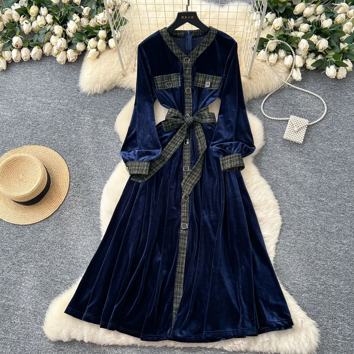 

Women Velvet Dresses Spliced Long Dress Belted Waist V Neck Long Sleeve Single Breasted A Line Office Lady Casual 2025 Autumn