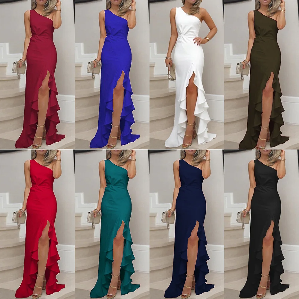 

SKMY Clothes For Women New Split Ruffles Patchwork Long Dresses Fashion Solid Color One Shoulder Sleeveless Evening Dress