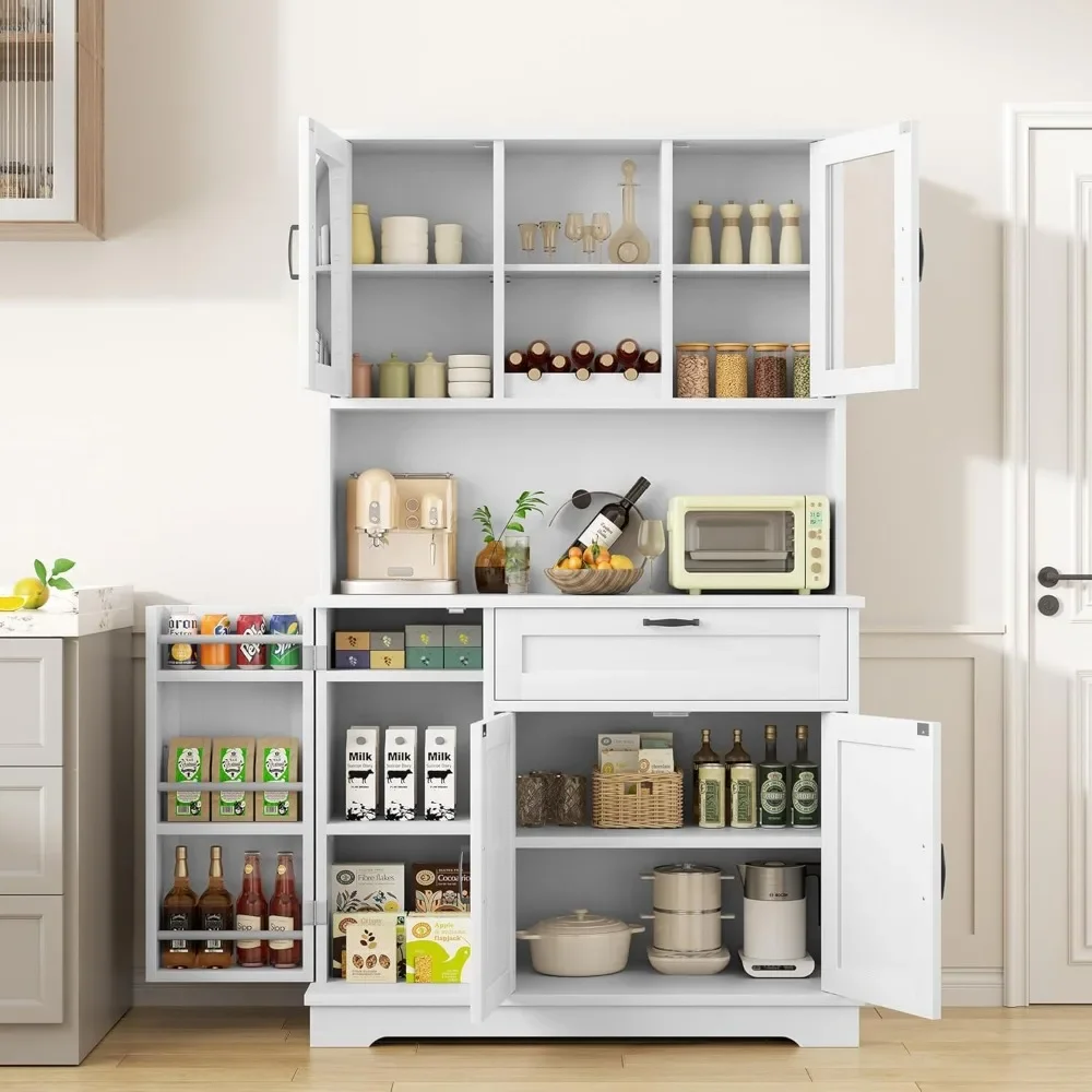 

Cabinet, Freestanding Buffet Cabinet w/Microwave Stand & 4 Door Shelves, Kitchen Hutch with Doors, Adjustable Shelves&Wine Rack