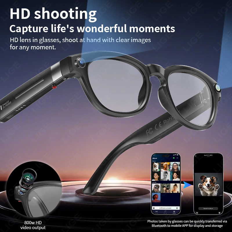 LIGE 4K 800W HD AI Camera Smart Glasses Video Record Bluetooth Call 290mAh Translate Voice Assistant Control Color-change Lenses
