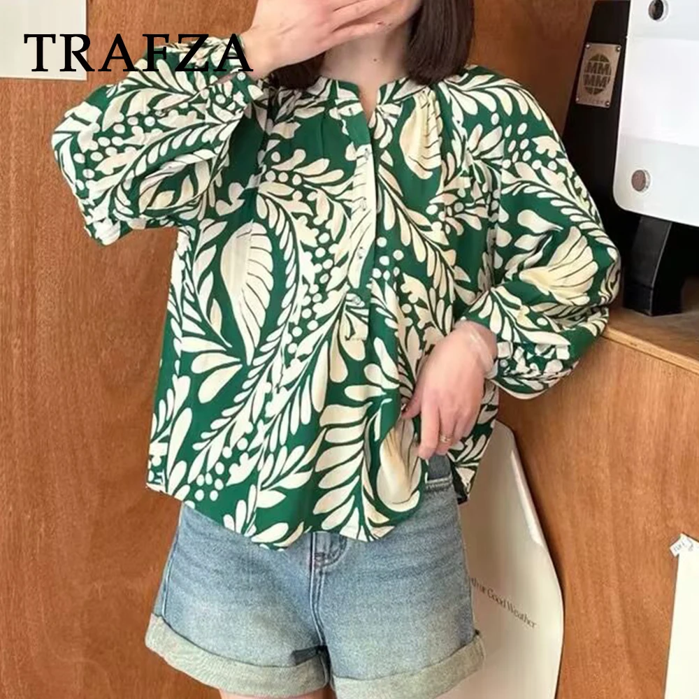 

TRAFZA Vintage Print Geometric Loose Woman‘s’ Shirts Lantern Sleeve Single Breasted Chic Blouse Fashion 2025 Oversized Shirts