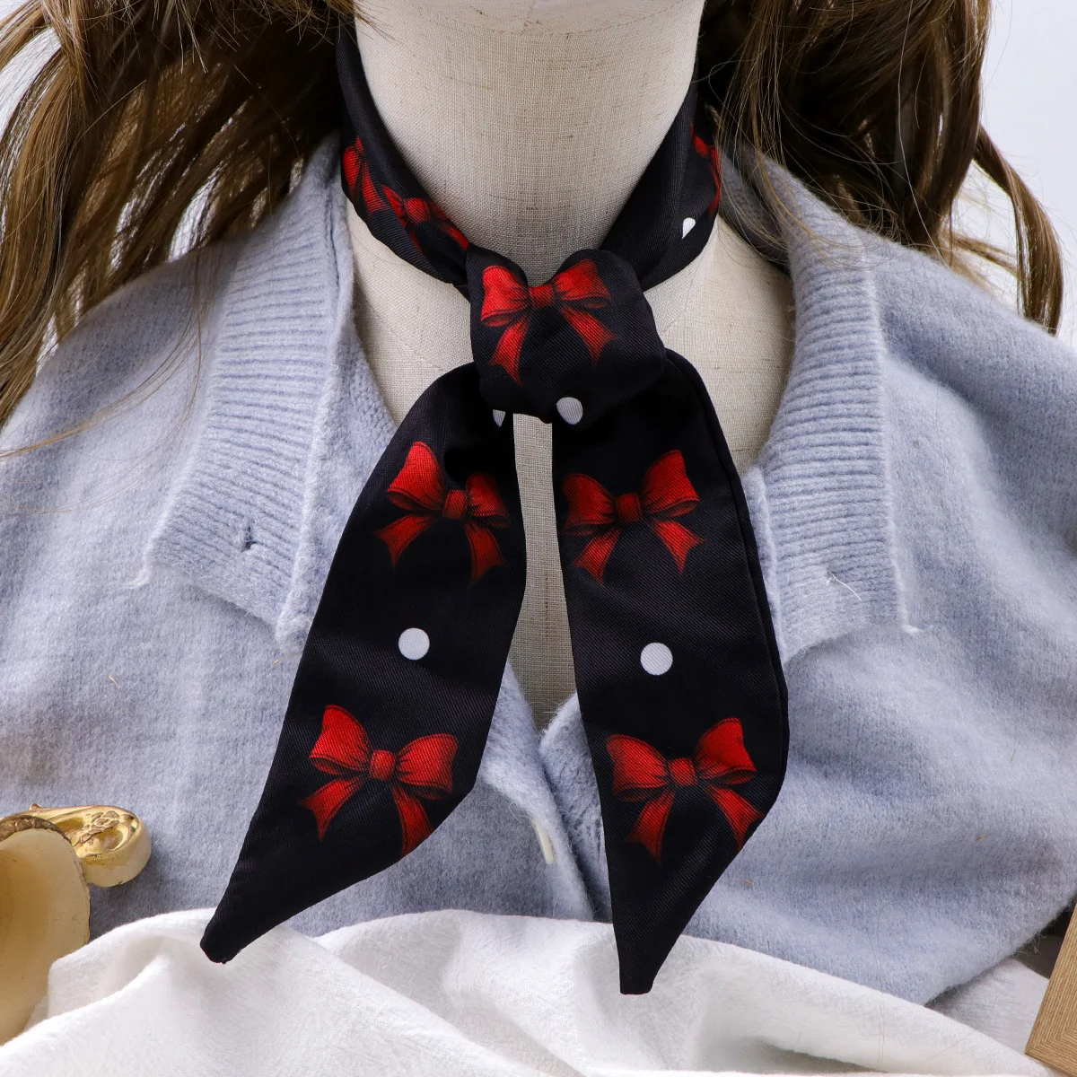 Red Bow Skinny Scarf Women Small Bag Scarves Hair Neck Scarf For Ladies Foulard Fashion Print Neckerchief Headband