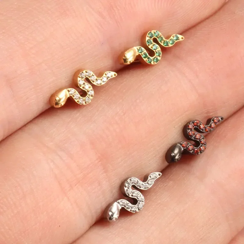 ASTM F136 Titanium Piercing Viper Snake CZ Labret Cartilage Earring Flat Back Stud Conch Tragus Helix Medusa Monroe Piercing