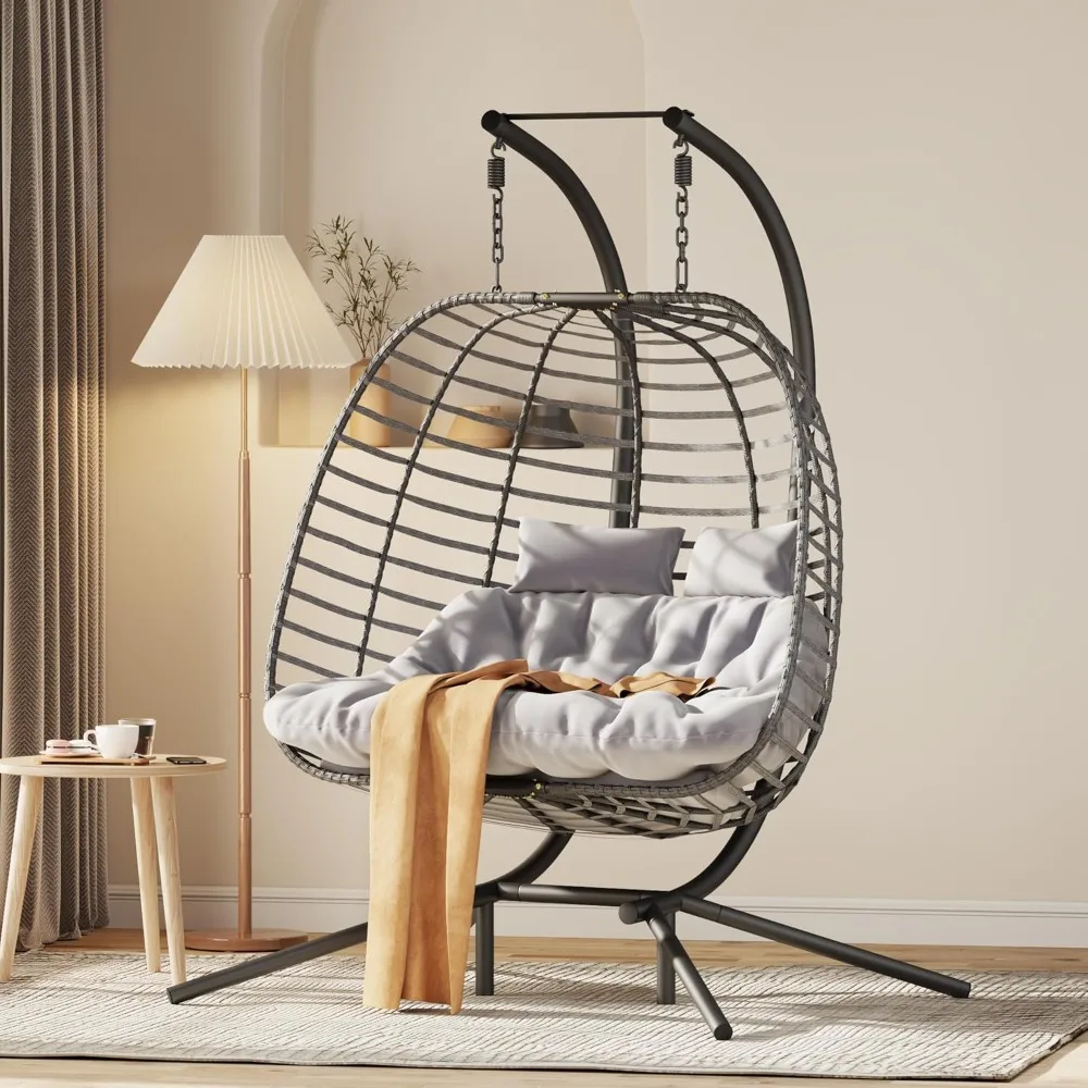 

Double Hanging Egg Chair wth Stand, Patio Hammock Swing Chair with Cushion Loveseat for Bedroom, Balcony, Garden