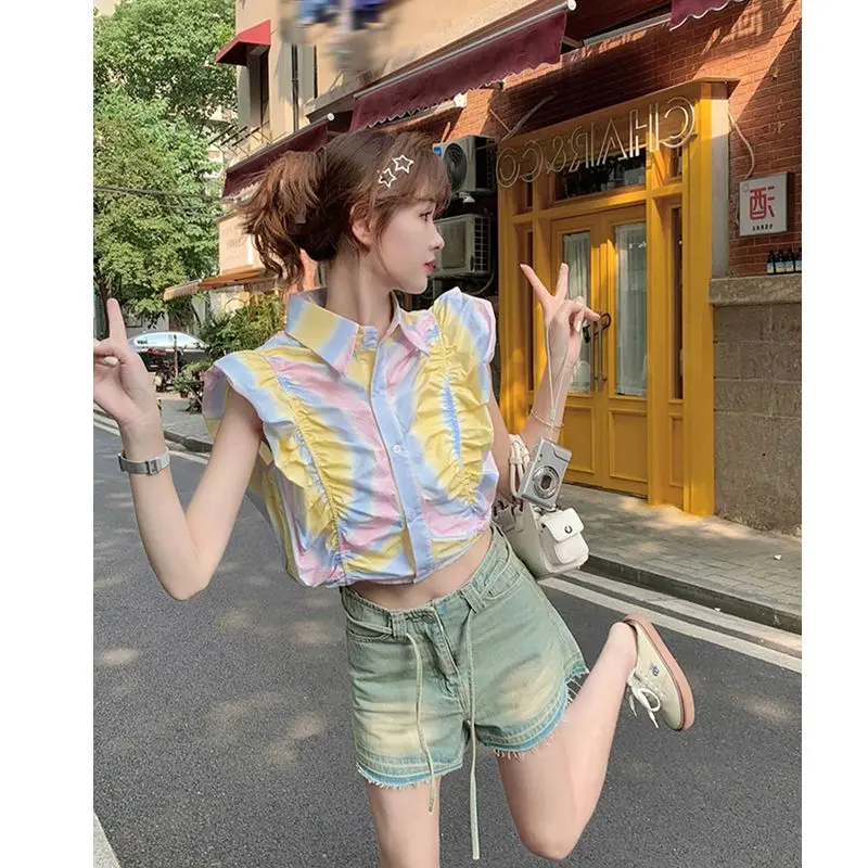 Tie Dye Pleated Y2K Short Shirt Tops Summer New Short Sleeve Polo Neck All-match High Street Blouse Fashion Trend Women Clothing