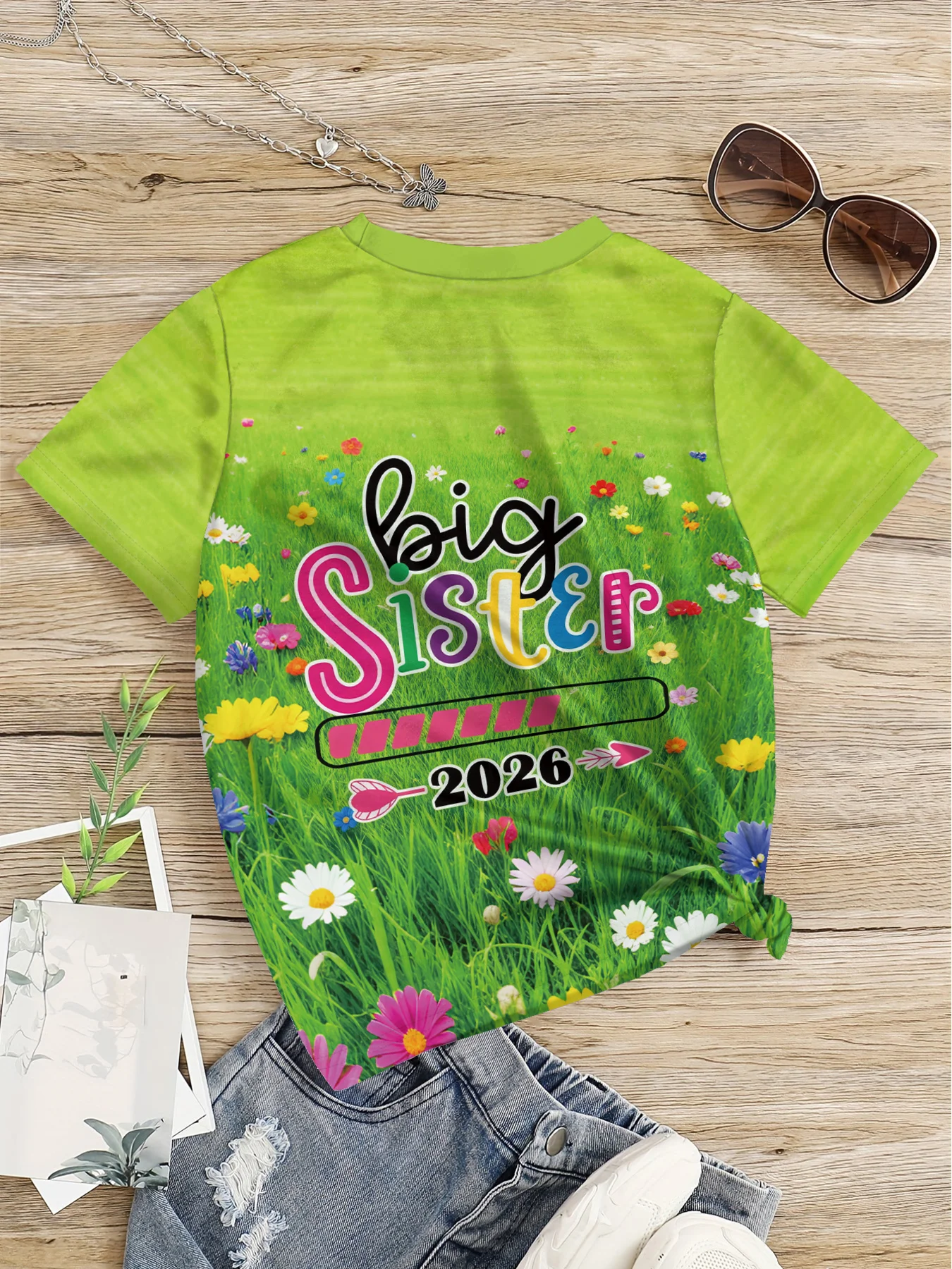 Big Sister 2026 Wild Flower Print Girls T-Shirt, Bright Green Crew Neck Short Sleeve Casual Top