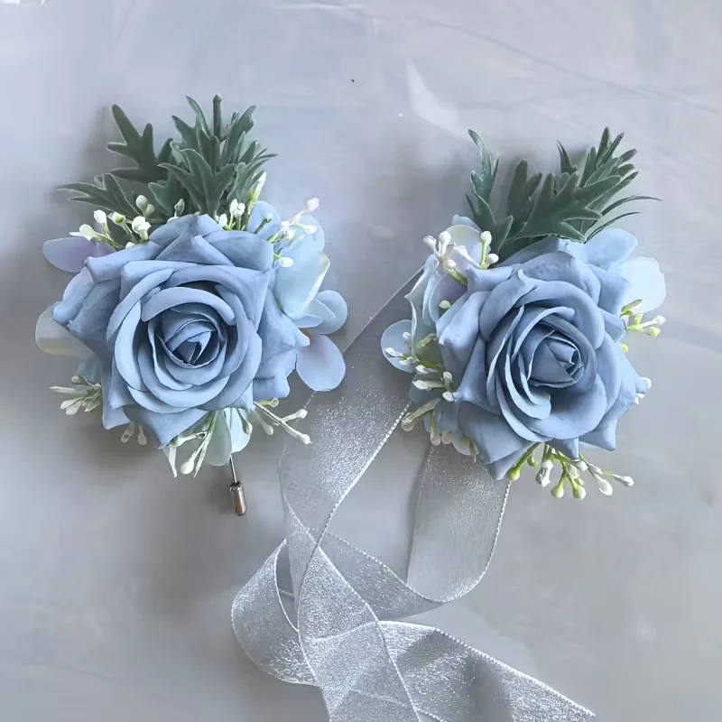 1 باقة ورد زرقاء صناعية - صدرية وقلائد أنيقة وناعمة اللون، مناسبة للعرائس والعرائس ووصيفات العروس والكرات،