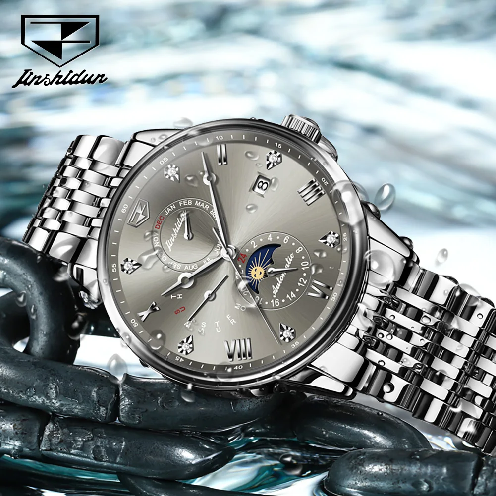 

Мужские часы JSDUN 8946, оригинальные, деловые, многофункциональные, механические. ﻿ Водонепроницаемые часы с лунным календарем для мужчин