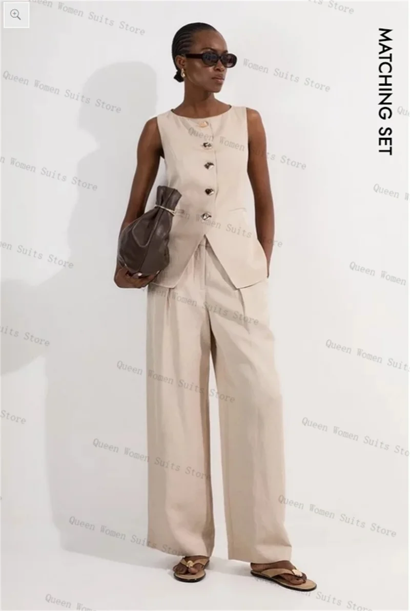 

Summer Women Suit Set 2 Piece Cotton Vest+Pants Trousers Khaki Formal Office Lady Sleeveless Jacket Wedding Prom Coat Customized