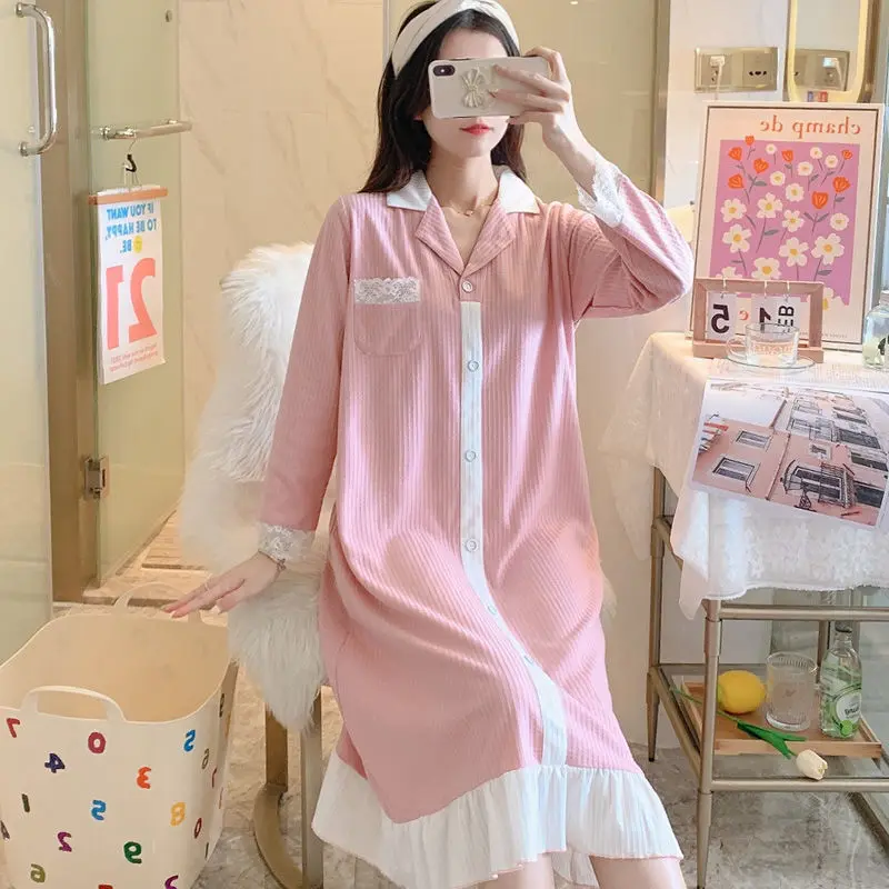 Women Nightgowns Ruffle Long Sleeve V-neck Over Knees Sleepwear Comfortable Buttons Sweet Sleepshirts Home Cute Candy Colors New