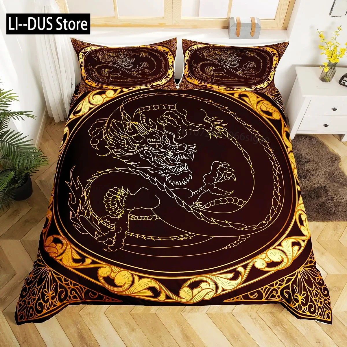 

Dragon Duvet Cover King Size Kids Mythical Animal Bedding Set Microfiber 2/3pcs Quilt Cover Set for Girls Women Black Gold Decor