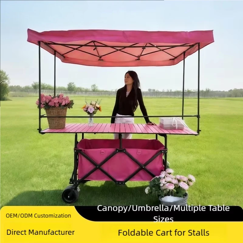 Outdoor Foldable Stall Cart with Off Road Wheels Enlarged Sunshade Canopy Night Market Camping Stalls Pink Black Khaki