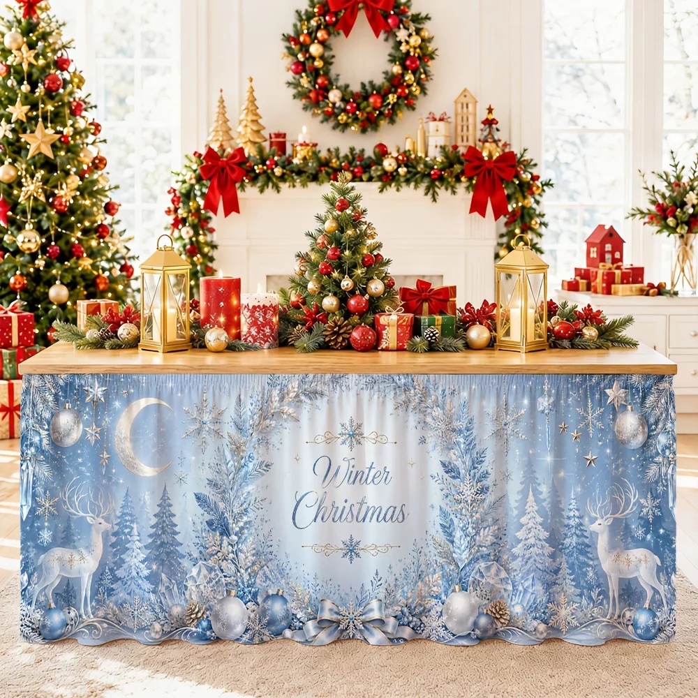 One tablecloth - Winter Christmas - Blue snowflakes - Deer - Pine tree - Holiday party - Banquet - Wedding decoration