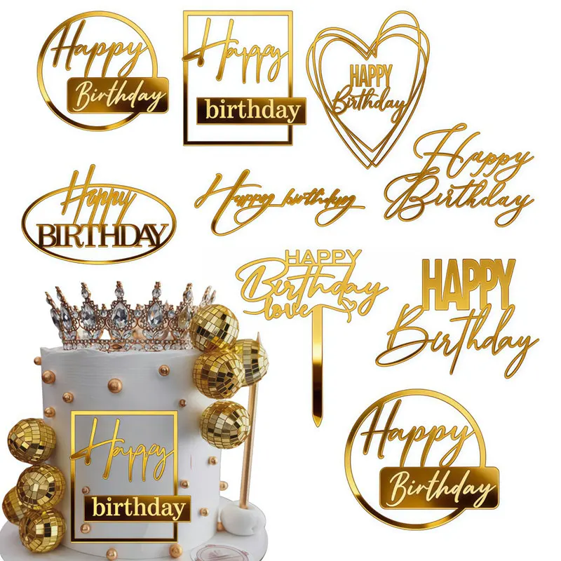 INS Side Happy Birthday Cake Toppers Decoration Gold Acrylic Kids Birthday Party Cake Topper for Baby Shower Gift Baking Supplie