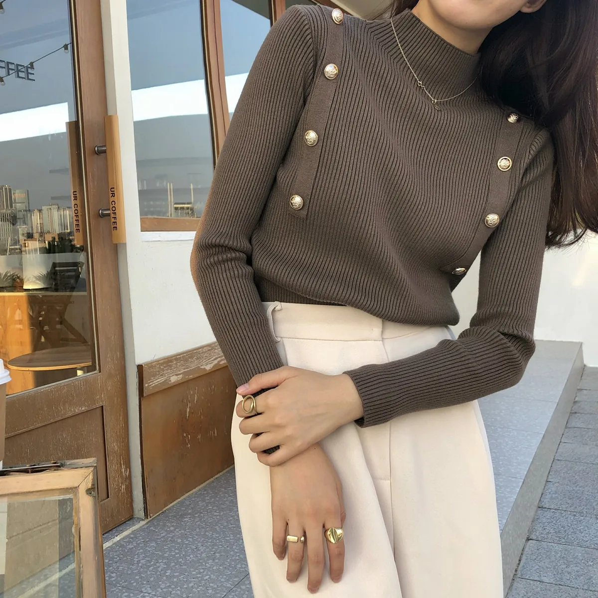 Retro Frühling Herbst frauen Button up Basis irt Slim Fit Strickwaren f Hohe Kragen Trendy Design Innere Tragen Casual Sle