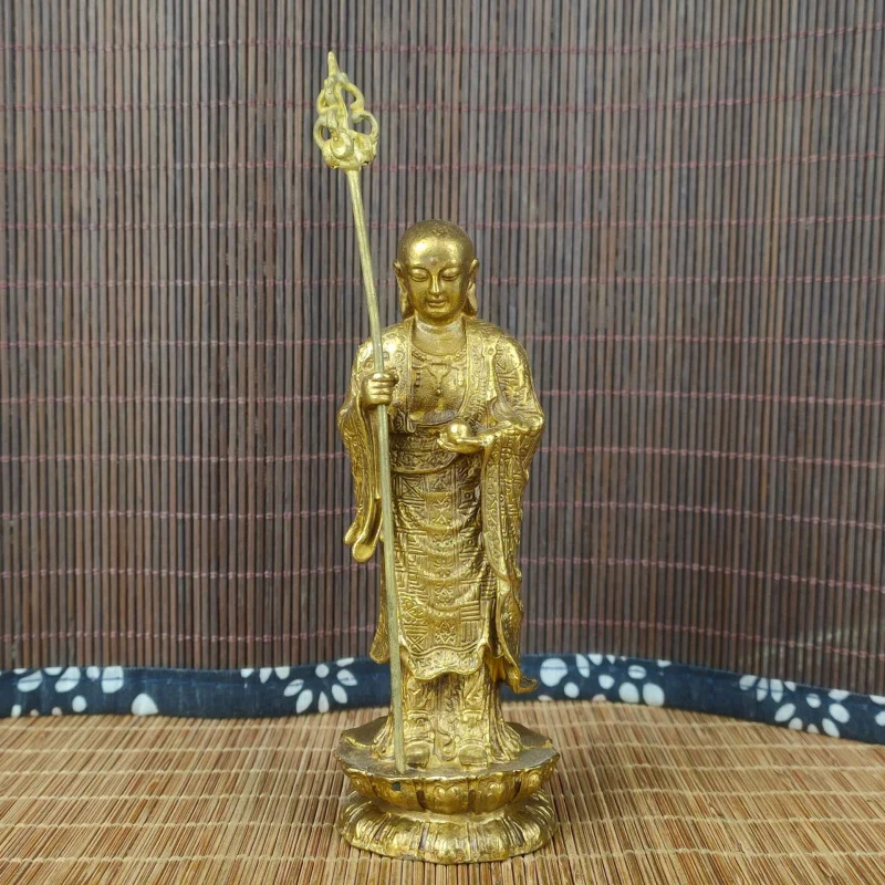 

Antique Copper Gilt Jiuhua Mountain Ksitigarbha Figurine Collectible Ksitigarbha Study Room Decoration Ornament