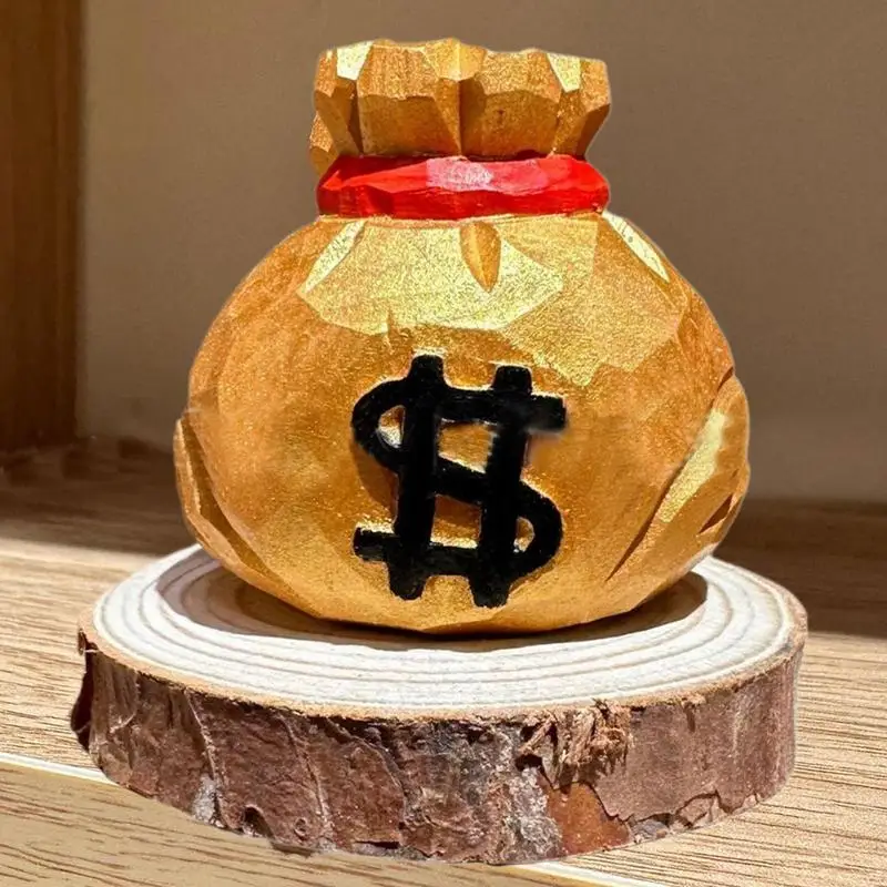 Carving Wooden Gold Purse Bag Tabletop Decoration New Year Wealth Fengshui Home Ornaments 