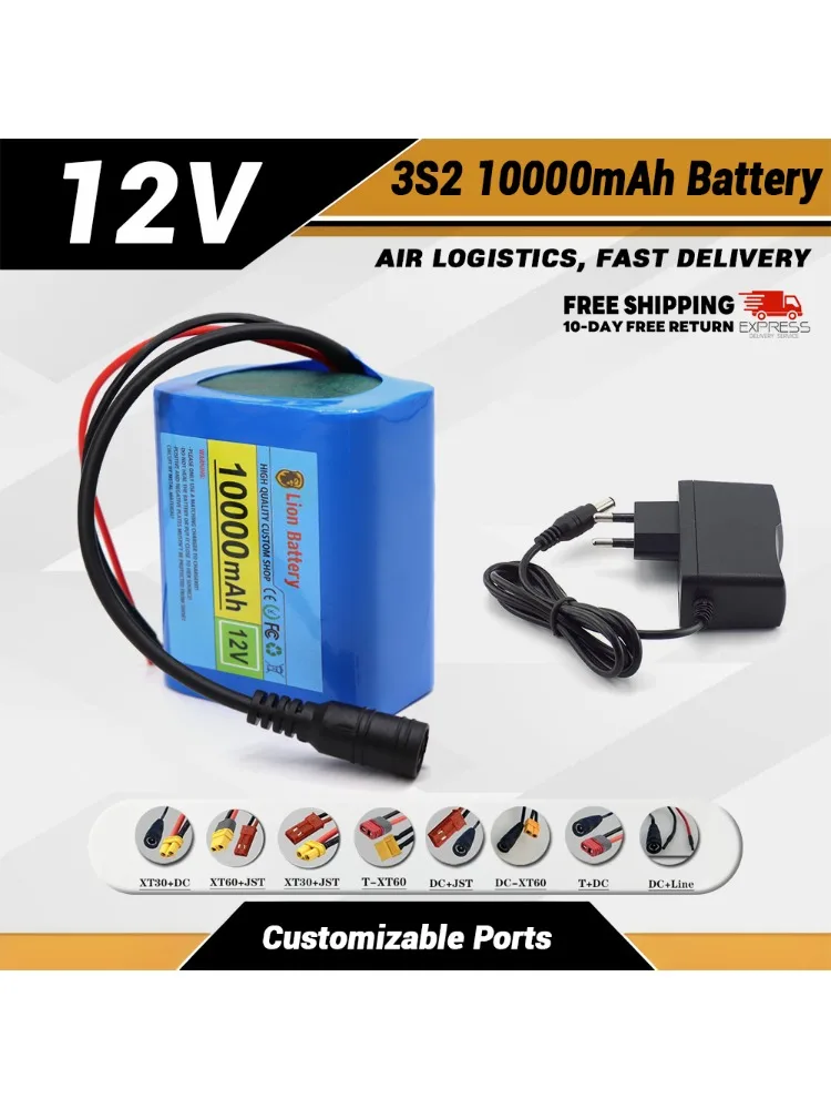 Nouvelle batterie portable originale 12V, batterie lithium-ion rechargeable 10000mAh 18650, chargeur DC 12.6V, amplificateur audio CCTV +