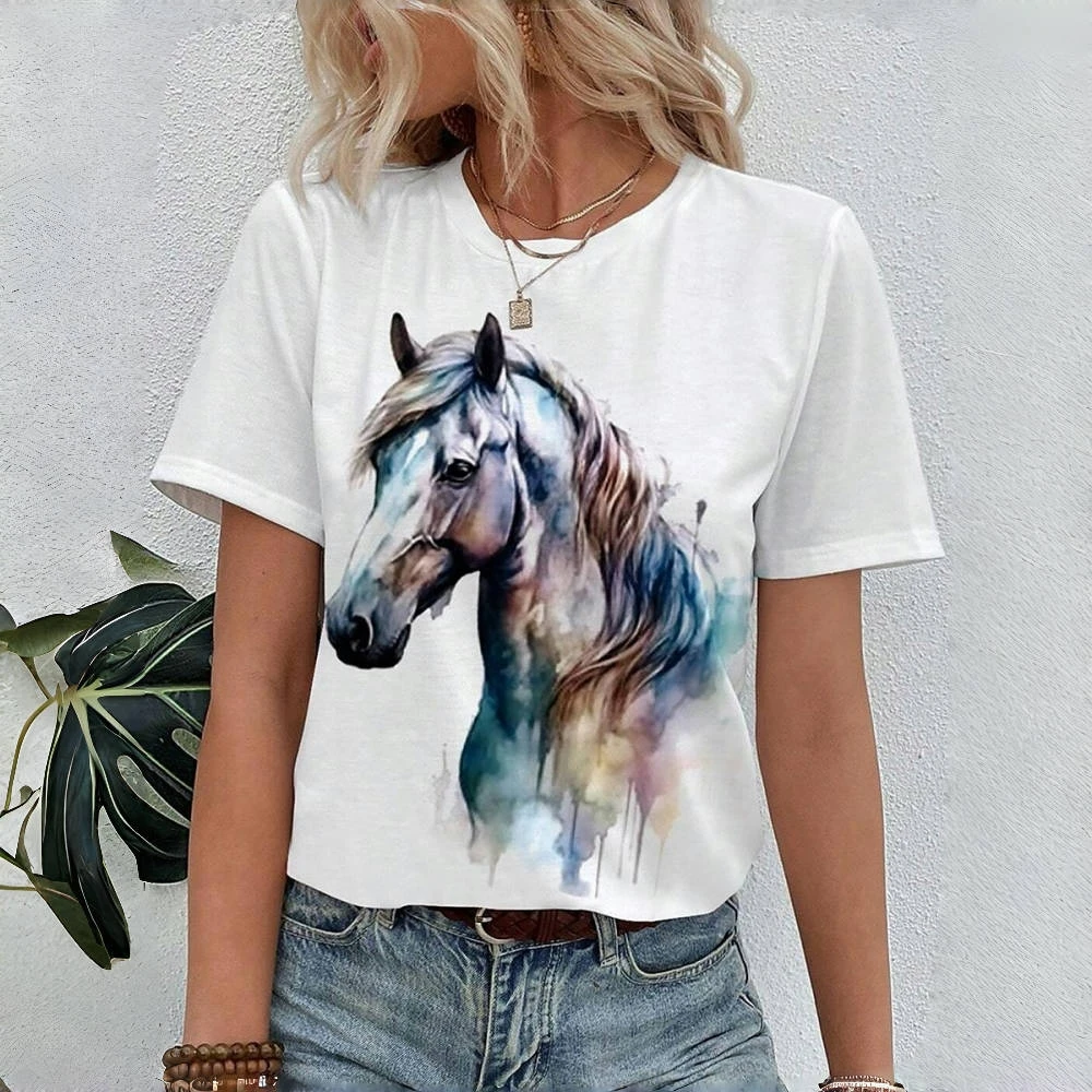 Summer Loose Women's T-shirts Fashion Horse Print Short Sleeves T shirt Pullover Casual Daily Women Clothing Tops Y2K Streetwear