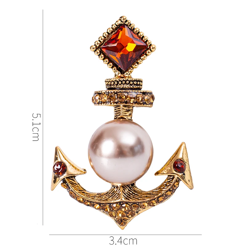 EASYA Classic Vintage Sailboat Anchor Shaped Brooch Inlaid Rhinestone Crystal Pearl Elegant Woman Chest Decoration Jewelry