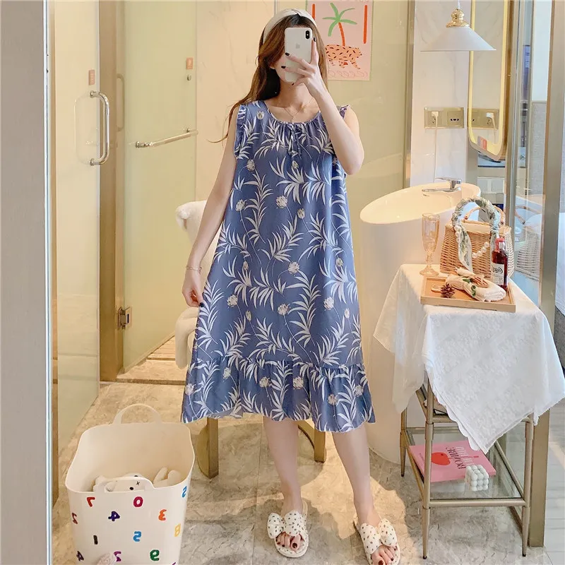 New Summer Women Dress 100% Cotton Gauze Nightdress Sleeveless Thin Round Neck Flower Print Cute Home Clothes Dress