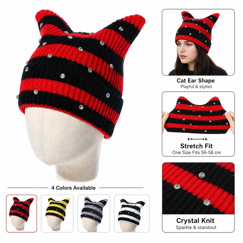 Gifts Yarn Cat Ear Beanie Stretchable Knit Crystal Striped Hat Punk Gothic Y2K Harajuku Knitted Beanie Hat Spring Autumn Winter