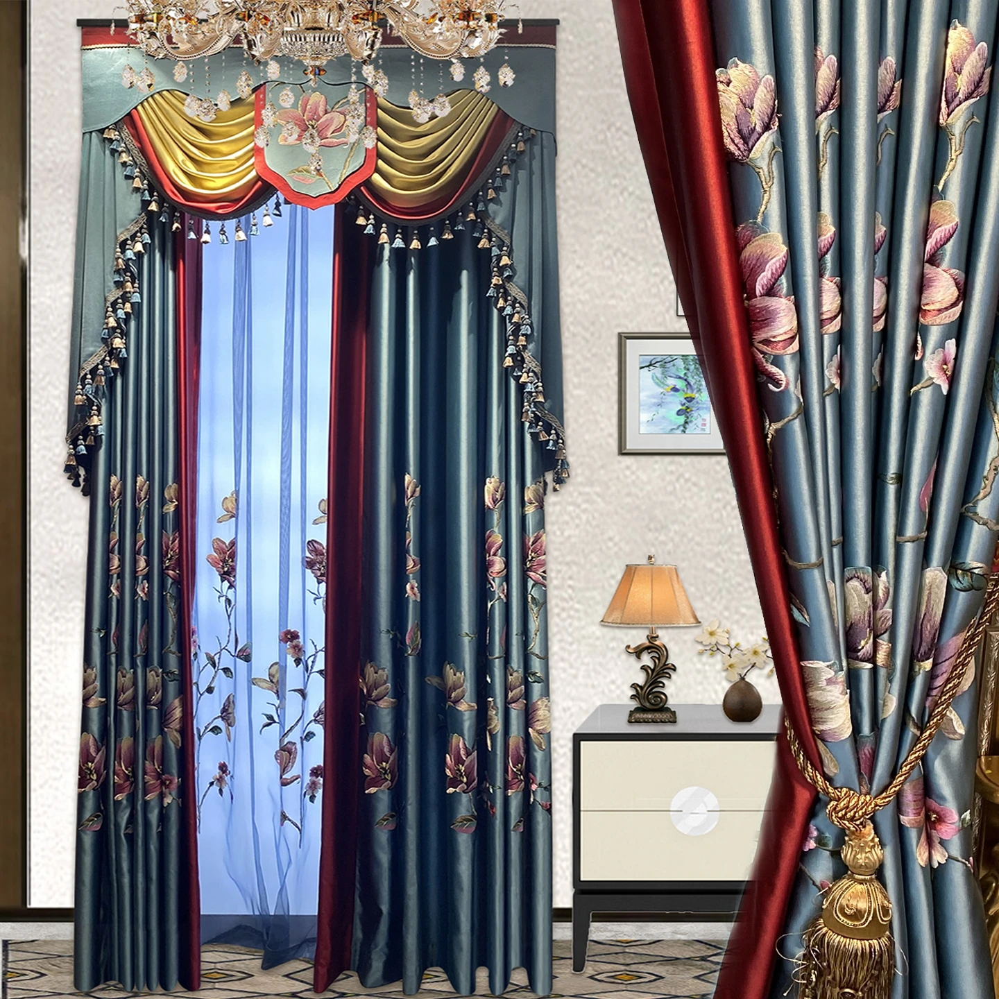 Custom luxury high class embroidery bedroom living room blackout study blue cloth blackout curtain tulle valance drape C2146