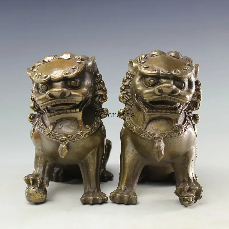 Chinese Copper Royal Palace Feng Shui Evil Door Foo Dog Lion Pair Garden Brass Bronze