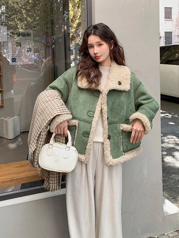 

Женская утепленная куртка из овечьей шерсти, осенне-зимняя, новый дизайн, двусторонняя, теплая, с воротником-стойкой, CleanFit