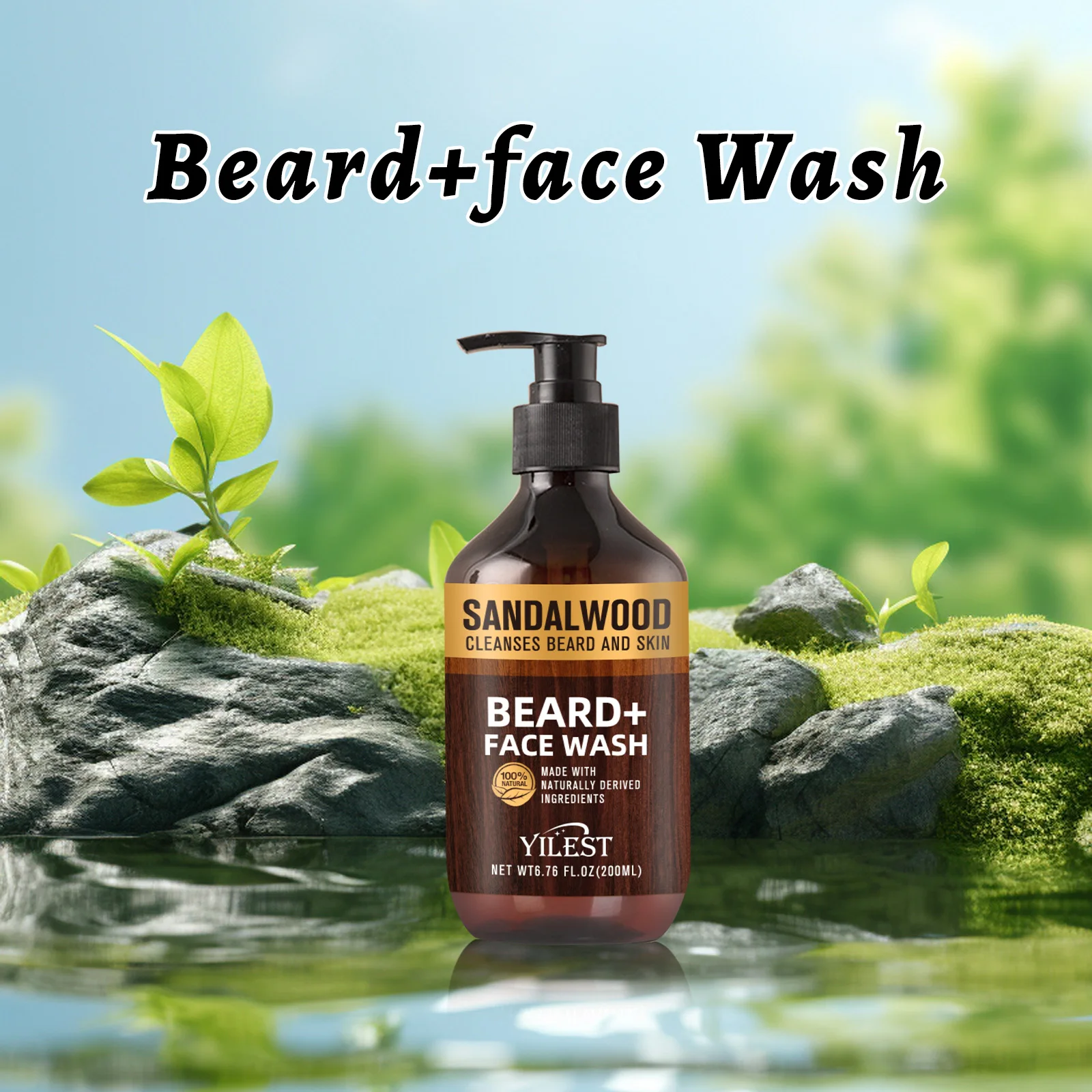 Nettoyant naturel pour barbe et visage en bois de santal pour hommes, 200ml, pour soins de la peau, nettoyage en profondeur, mousse pour le visage avec huile d'aloe vera et d'orange