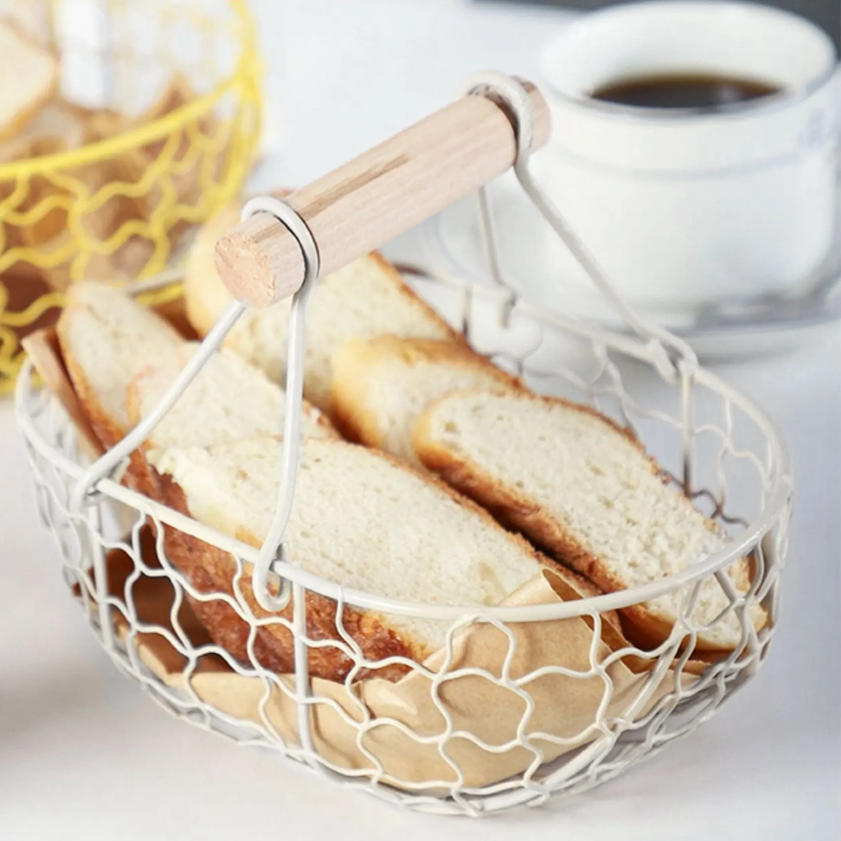 Cesta de armazenamento multifuncional portátil com cabo de madeira, metal, branco, vegetais, frutas, ovos, mercearia, organizador prático, retro