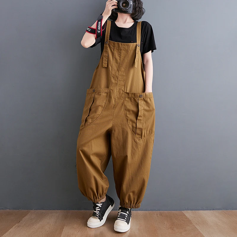 2023 New Fashion Loose Pocket Jumpsuit Large Size Women Wide-leg Overalls Spring Summer Casual Retro Shoulder Strap Rompers