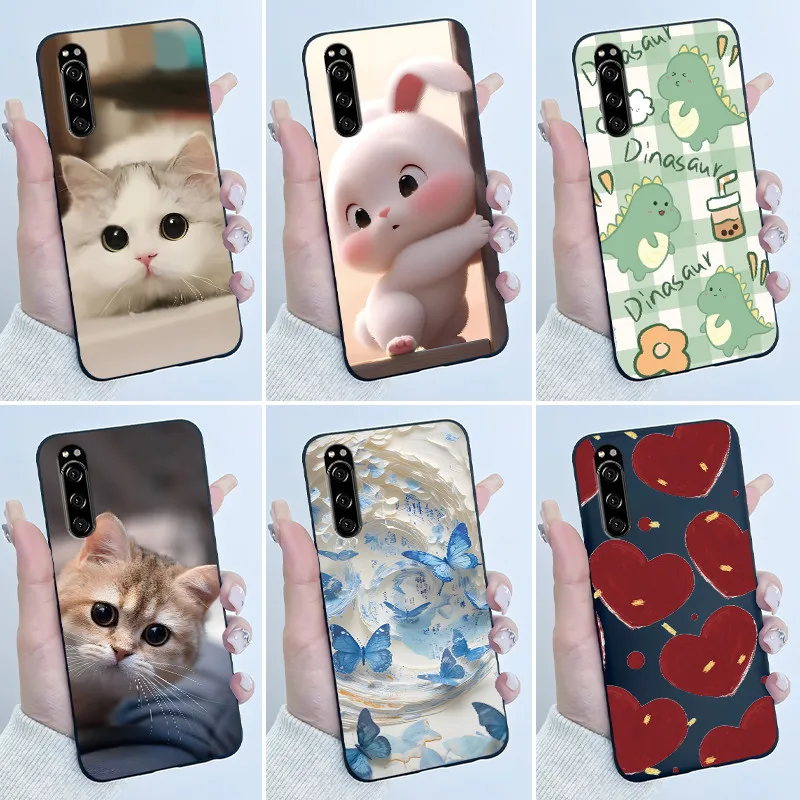 Capa fofa para sony xperia 5/xz5, capa protetora para xperia 5 ii iii iv, capa protetora de silicone macio com estampa de desenho animado, capa preta