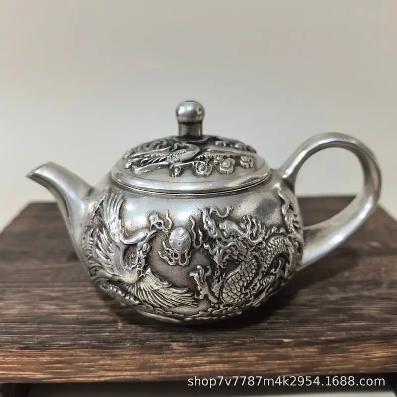 Brass Craftwork Silver-Plated Dragon and Phoenix Wine Flask Home Decorative Ornament