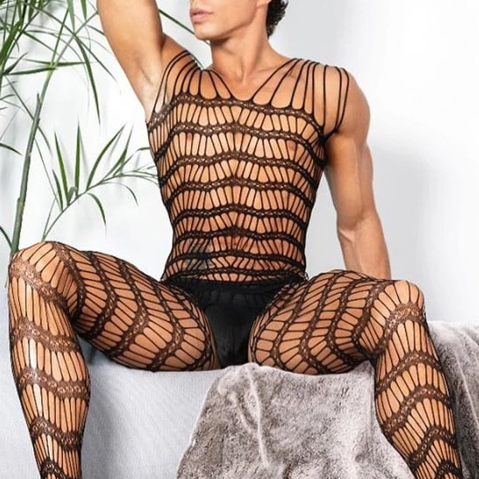 Wave Design Men Bodysuits Sexy Bodystockings for Husband Gift Male Nightwear Party Clubwear Fishnet Bodysuit sex lenceria hombre