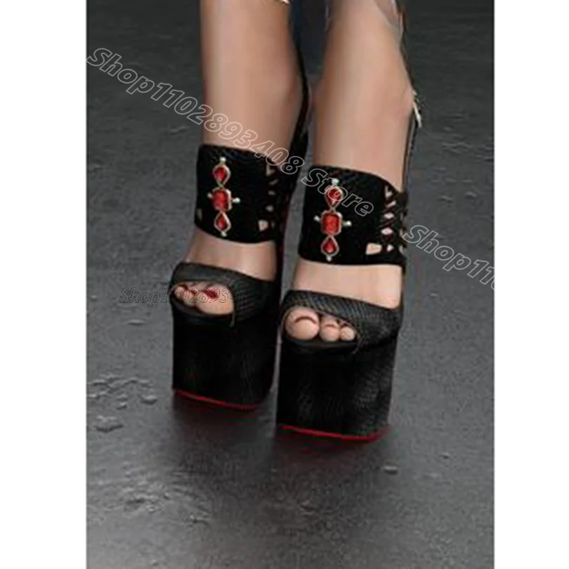 White Crystal Decor Platform Stiletto Sandals Leather British Style Ankle Buckle Women Party Dress Shoes Zapatos Para Mujere