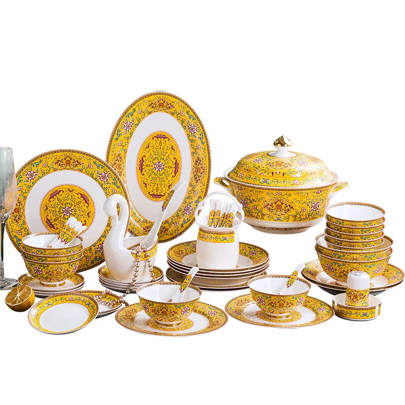 Household enamel bone china dishes Jingdezhen 60 heads housewarming gifts tableware dishes