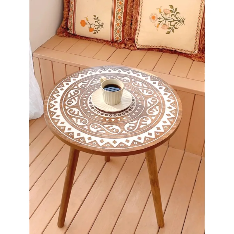 Retro solid wood carving flower small coffee table modern simple light luxury mini small table small apartment high-end artistic