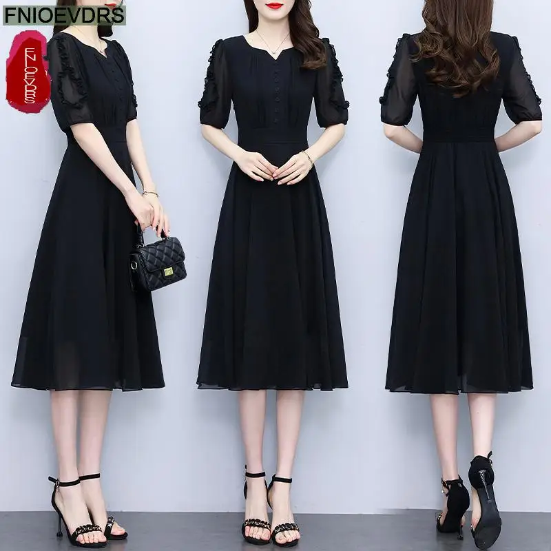느슨한 옷 여성 2025 여름 패션 사무실 레이디 기본 버튼 프릴 레트로 빈티지 레이디 우아한 블랙 셔츠 드레스