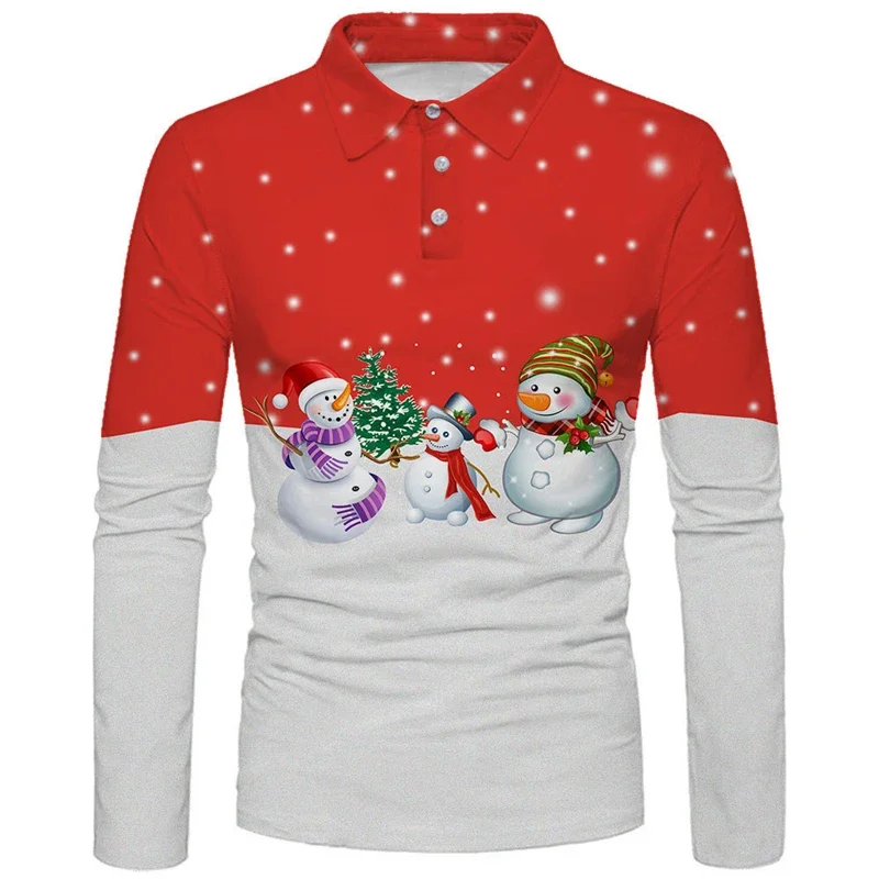 New Men's Spring Autumn Trend Fashion Shirt For Christmas Party Carnival Casual Digital Print Lapel Polo Shirt Long Sleeve Shirt