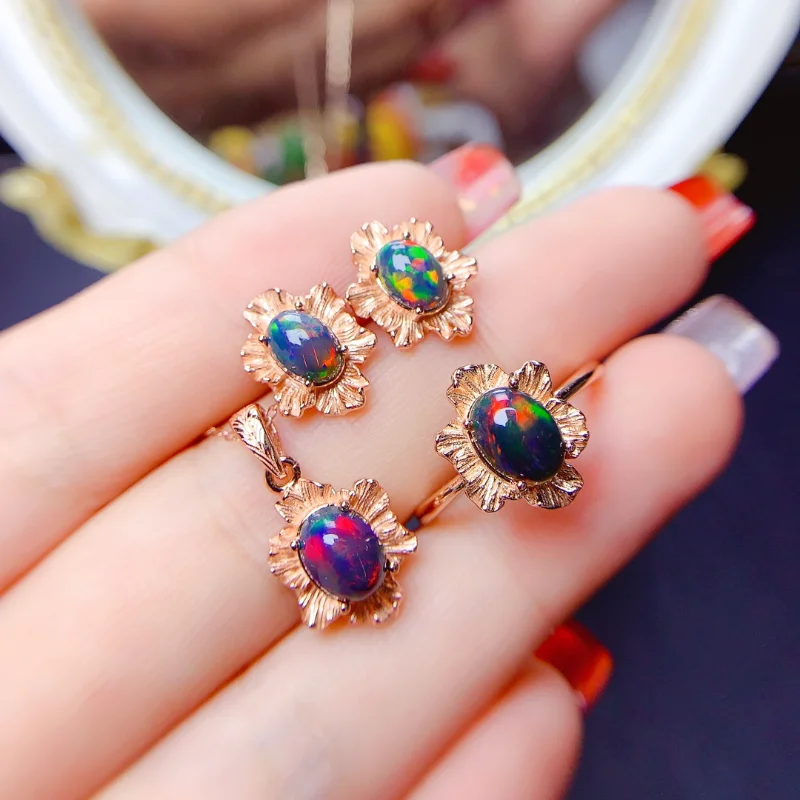 

Natural Real Black Opal Set Natural and Real Black Opal Jewelry Set 925 Sterling Silver 1pc Ring,1pc Pendant,2pcs Earring