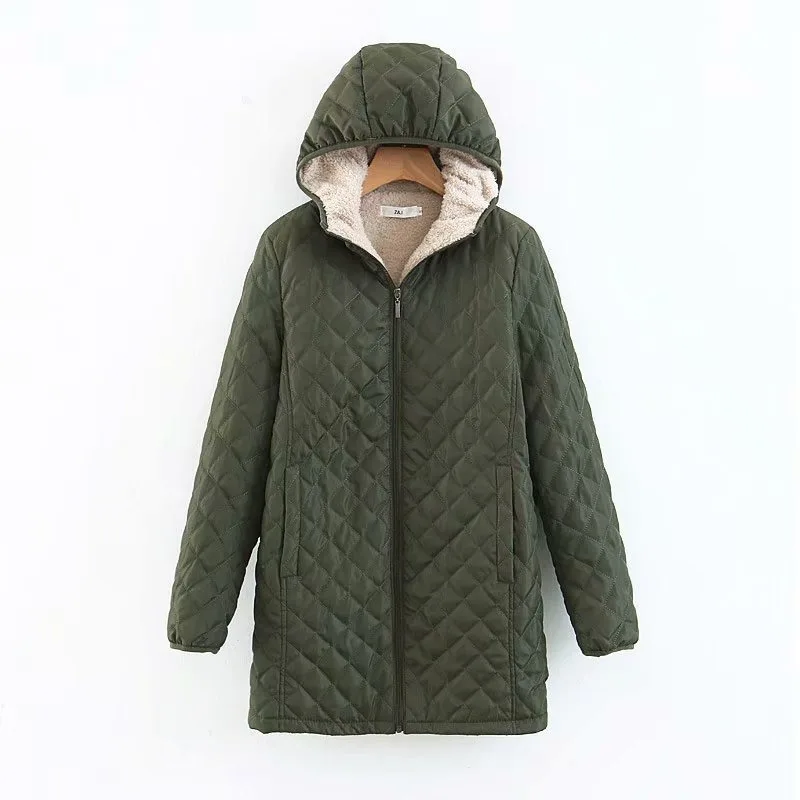 2024Autumn/Winter New Hooded Warm Lamb Fleece Long Sleeve Cotton Jacket Cotton Jacket Size Up Coat Women's Medium Long Checkered