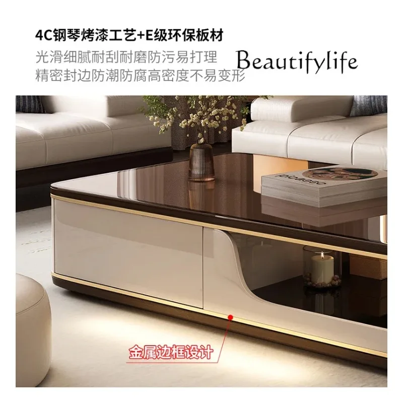 J طاولة القهوة لغرفة المعيشة الحديثة بسيطة البني الزجاج روك بلاطة جديدة الإيطالية الحد الأدنى طاولة شاي الخشب الصلب المنزلية #5