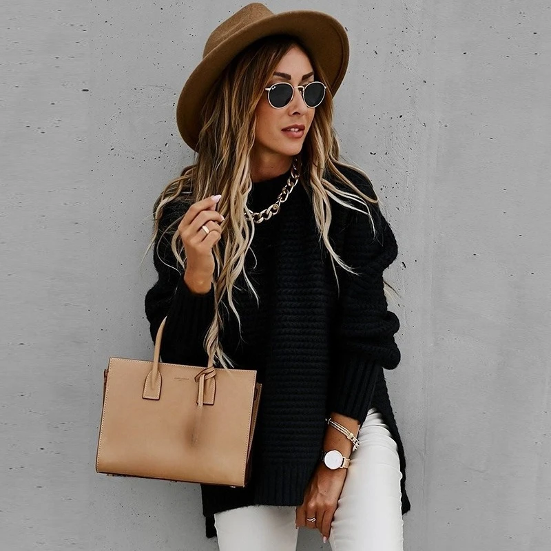 

Женский свитер с уникальным узором, полувысокий воротник, осень-зима, чистый цвет, толстый пуловер, толстый вязаный пуловер