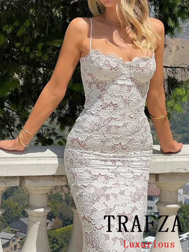 TRAFZA Vintage Sexy Chic Lace Women Dress Embroidery Sleeveless Backless Cami Dress Fashion 2024 Summer Chic Beach Party Dress