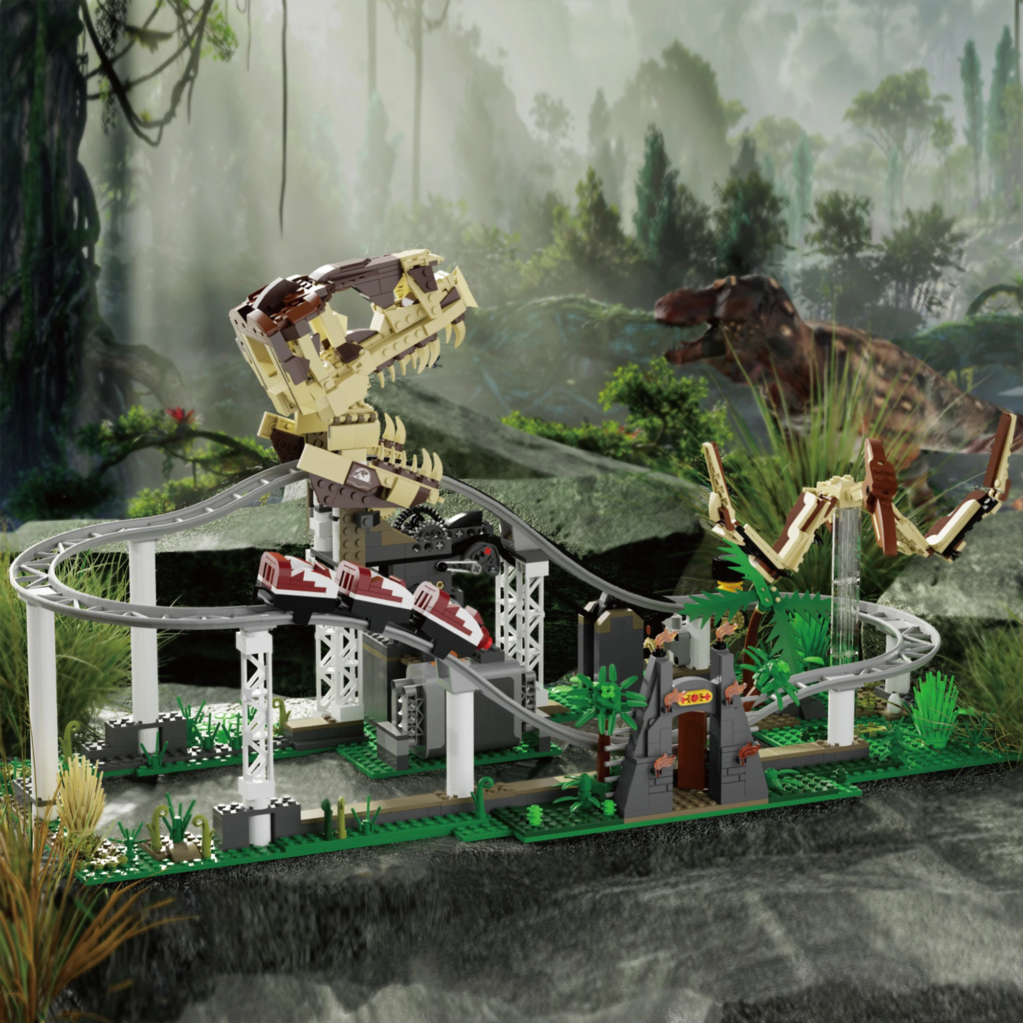 Blocs de construction de montagnes russes dinosaures, 1291 pièces, avec moteur, parc d'attractions du monde, modèle de briques, jouets pour enfants et adultes, cadeaux