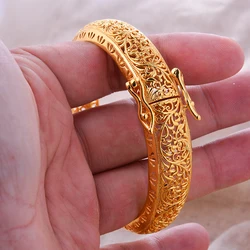 Dubai Gold Color Bangles For Women African Bride Wedding Banquet Party Bracelet Jewelry Gifts Arabic Charm Flower Shape Bangles
