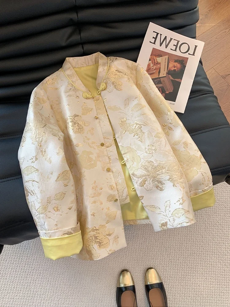 

New Chinese Sle Gold Emed Stand Collar Button up Outerwear Men's Autumn High End Feeling Reformed Tang Costume Top